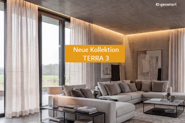 Ein Bild im Wohnzimmer im Industrial Style.Im Fokus steht der Vorhang. Text: Eigenkollektion TERRA 3