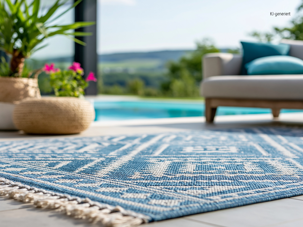 Ein hellgrauer/hellblauer Outdoorteppich vor einem Pool.